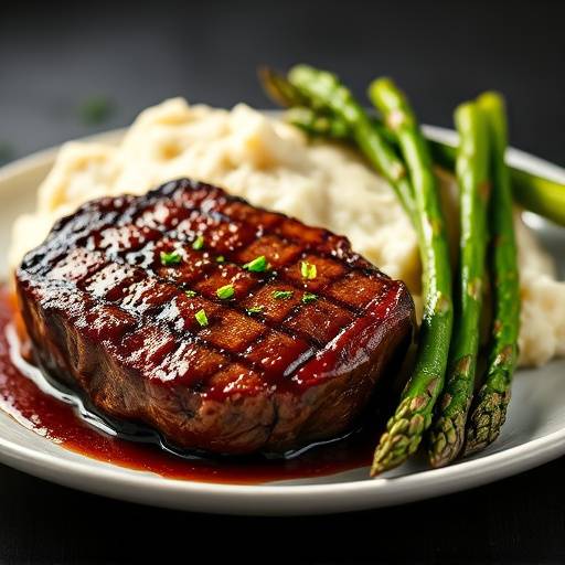 A juicy steak with a side of mashed potatoes and asparagus