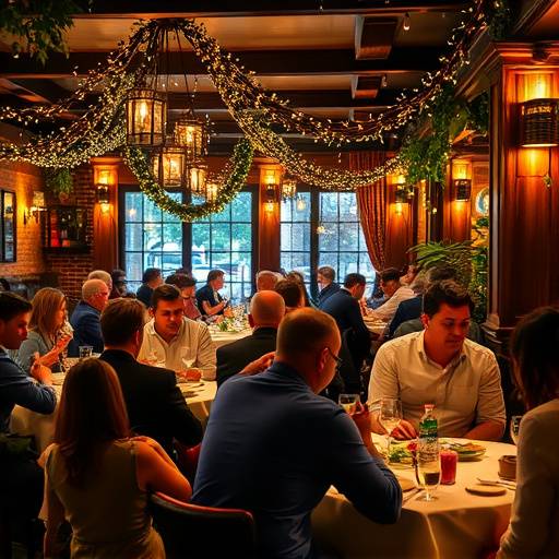 A lively restaurant event showing guests enjoying themselves, with tables decorated for a special occasion.