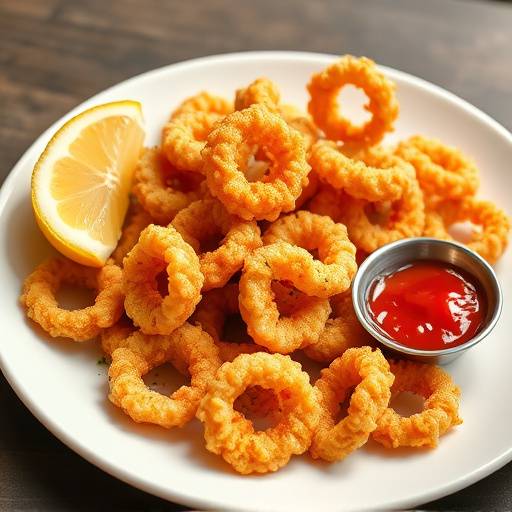 A plate of crispy Calamari served with a lemon wedge and marinara sauce.