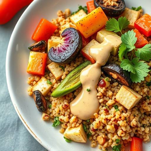 A vibrant vegan dish showcasing roasted vegetables, quinoa, and a tahini dressing.
