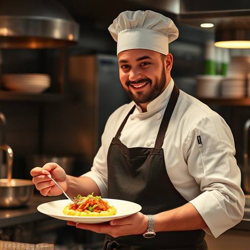 Chef Antoine presenting a dish in the kitchen, showing his passion and dedication to culinary excellence.