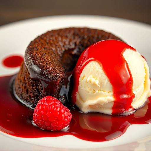 Chocolate lava cake with vanilla ice cream and raspberry sauce.