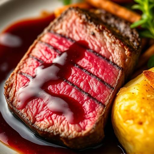 Close-up of a perfectly cooked Wagyu steak with a rich red wine reduction and potato gratin.