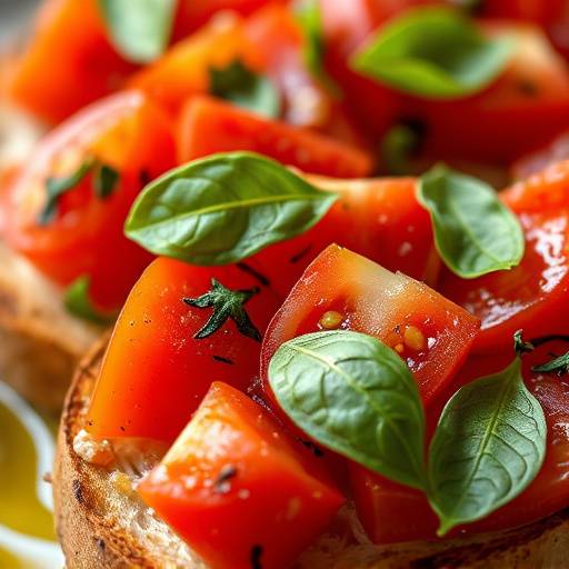 Close-up of Bruschetta with tomatoes and basil, drizzled with olive oil on toasted bread.