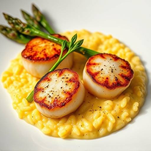Delicious food plating featuring seared scallops with a saffron risotto and asparagus spears.