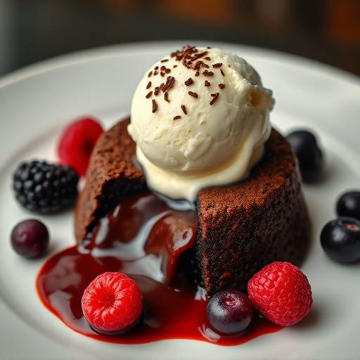Elegant dessert presentation of a chocolate lava cake with fresh berries and a scoop of vanilla ice cream.