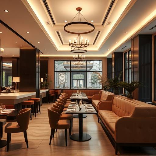 Elegant restaurant interior showcasing the dining area with soft lighting and comfortable seating.
