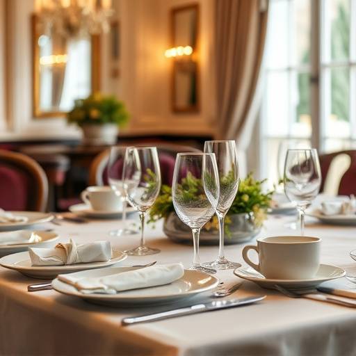 Elegant table setting with fine china, silverware, and crystal glassware, ready for a gourmet dining experience.