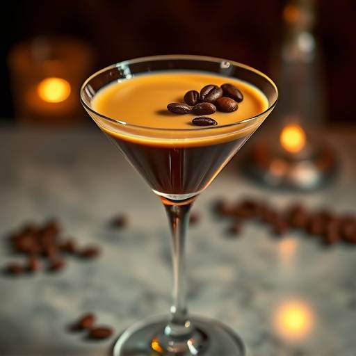 Espresso Martini in a martini glass, with coffee beans on top