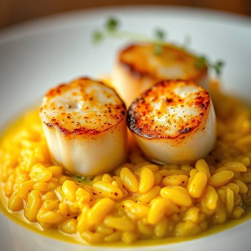 Exquisite food presentation of seared scallops with saffron risotto, showcasing the culinary artistry of Chef Antoine.