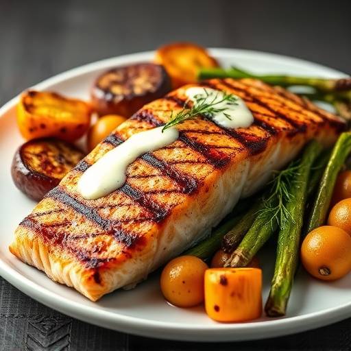 Grilled Salmon with roasted vegetables and dill sauce.