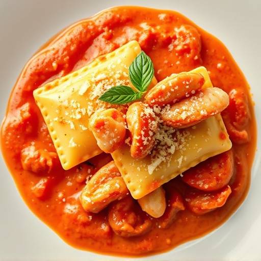 Lobster Ravioli with a creamy tomato sauce and parmesan cheese.