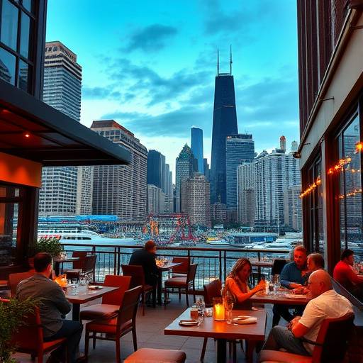 Outdoor dining area with comfortable seating and a view of the Chicago skyline, showing a relaxing dining experience.