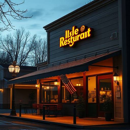 Restaurant exterior at dusk with soft lighting.
