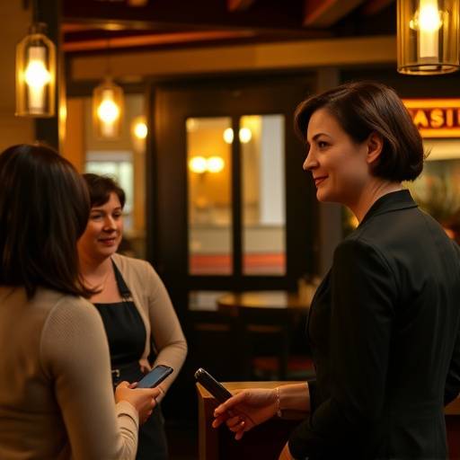 Restaurant Manager Olivia Davis greeting guests at the entrance.