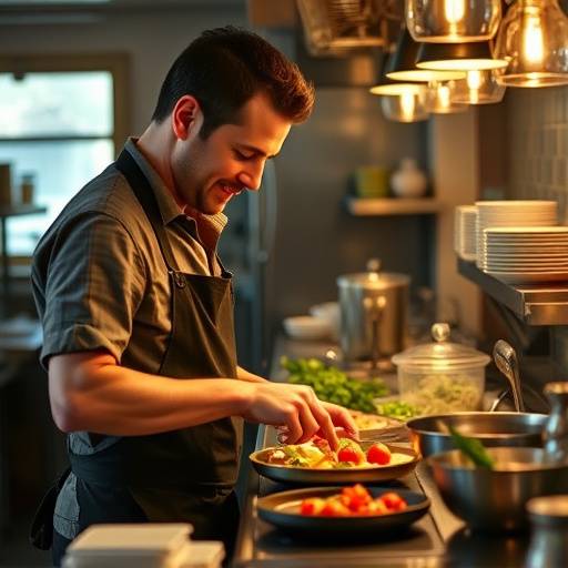 Restaurant owner Antoine Dubois preparing a dish in the kitchen