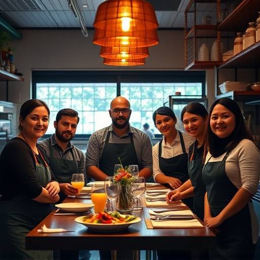Restaurant staff posing together in the dining room