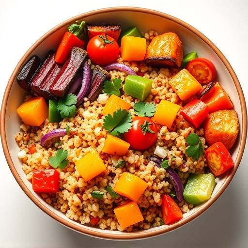 Vibrant roasted vegetable quinoa bowl, showing a colorful and healthy vegan option on the menu.