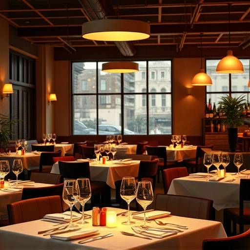 Warm and inviting restaurant interior showcasing tables set for dinner service with soft ambient lighting.
